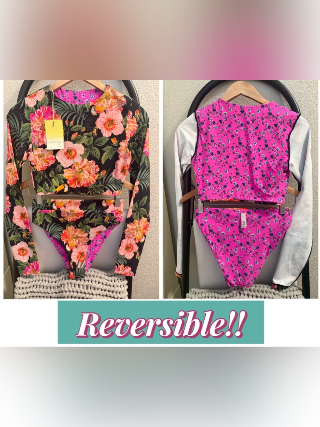 Maaji Paradise Postals Reversible Long Sleeve Bikini Top And Bottom Set